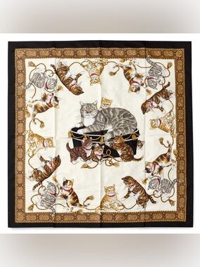 Cat Print Silk Style Scarf Neutral  Kitten Square Designer-Inspired Pet Scarf